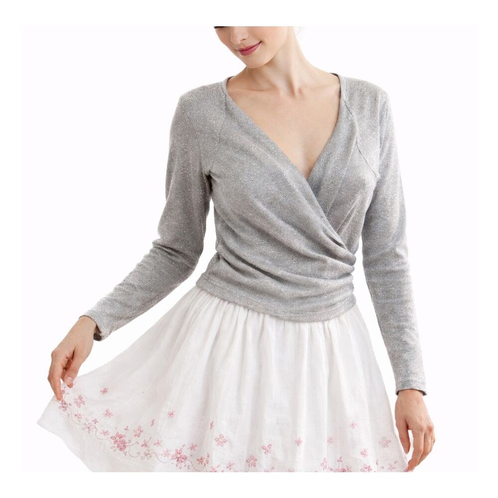 Silver Metallic Wrap Top XL Balletcore Shimmer Long Sleeve Party Holiday